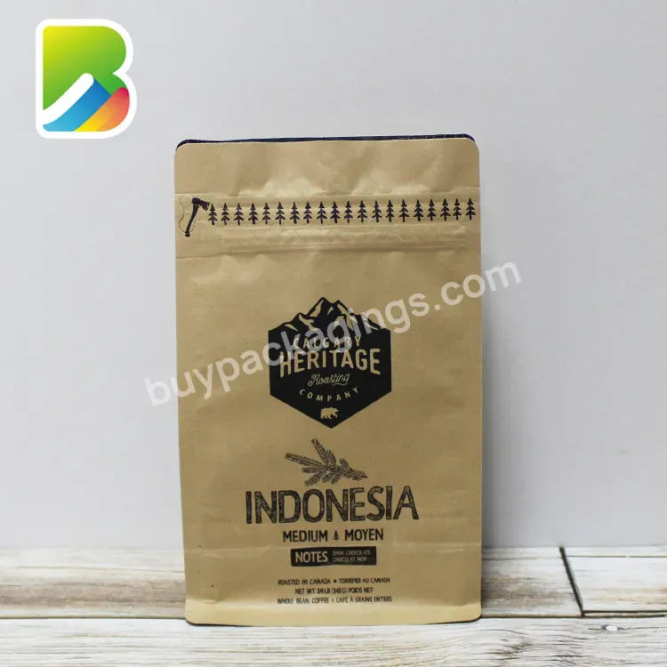 12oz Eco Friendly Kraft 250g Valve With Heat Sealed Brown Paper Doypack Dry Durable Packaging Coffee Bag