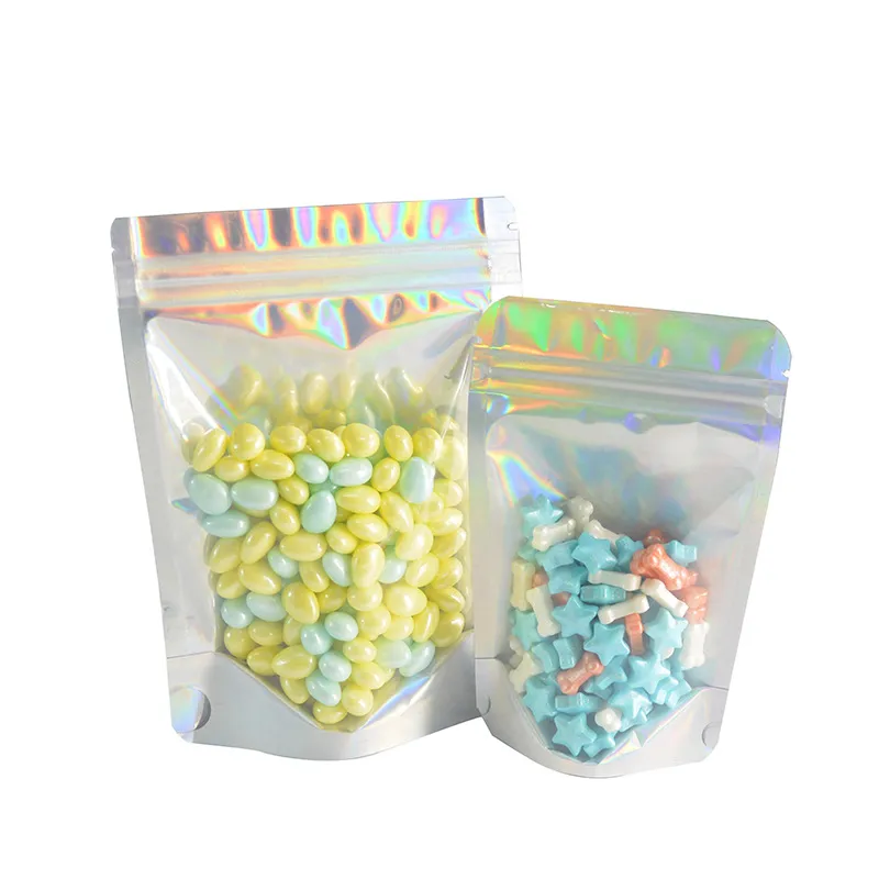 14x20cm One Side Clear front resealable aluminum foil shiny holographic stand up food mylar ziplock bag