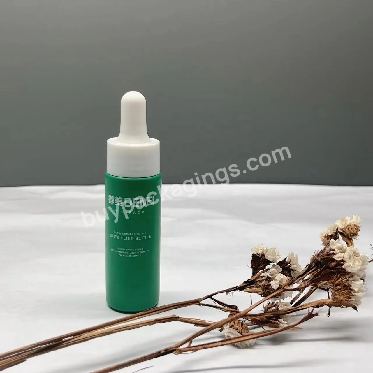 15ml 0.5oz Matt Green Glass Flat Shoulder Cosmetic Serum Bottle With Plastic Dropper For Skincare