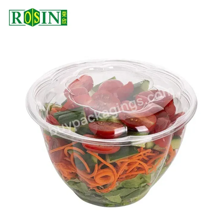 16 40oz Pet Take Away Clear Disposable Fruit Salad Bowl Plastic Round Food Bowls With Lids