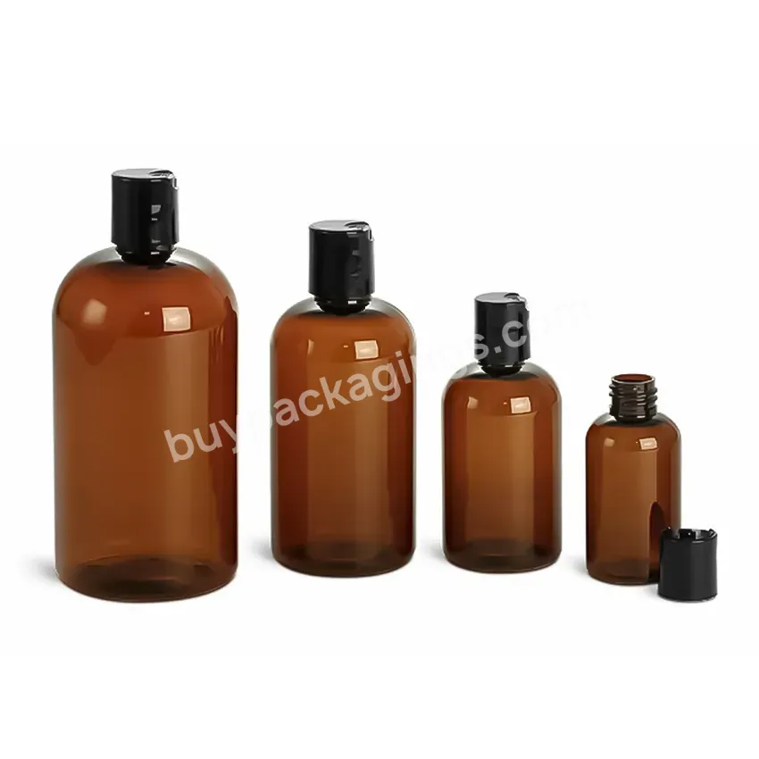 16 Oz Bpa Free Amber Pet Plastic Refillable Waterproof Bottles With Black Disc Top Caps