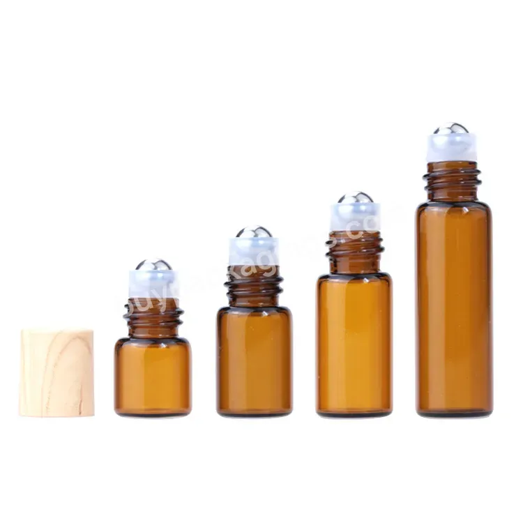 1ml 2ml 3ml 5ml Amber Thin Glass Roll On Bottle Perfume Vials With Roller Metal Ball Wood Cap