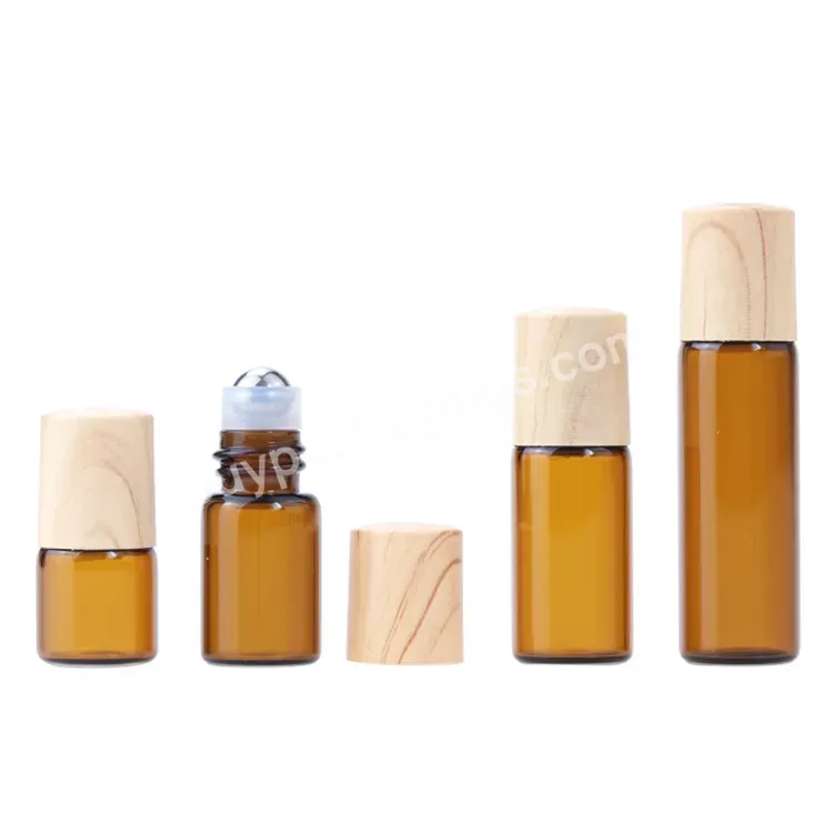 1ml 2ml 3ml 5ml Amber Thin Glass Roll On Bottle Perfume Vials With Roller Metal Ball Wood Cap