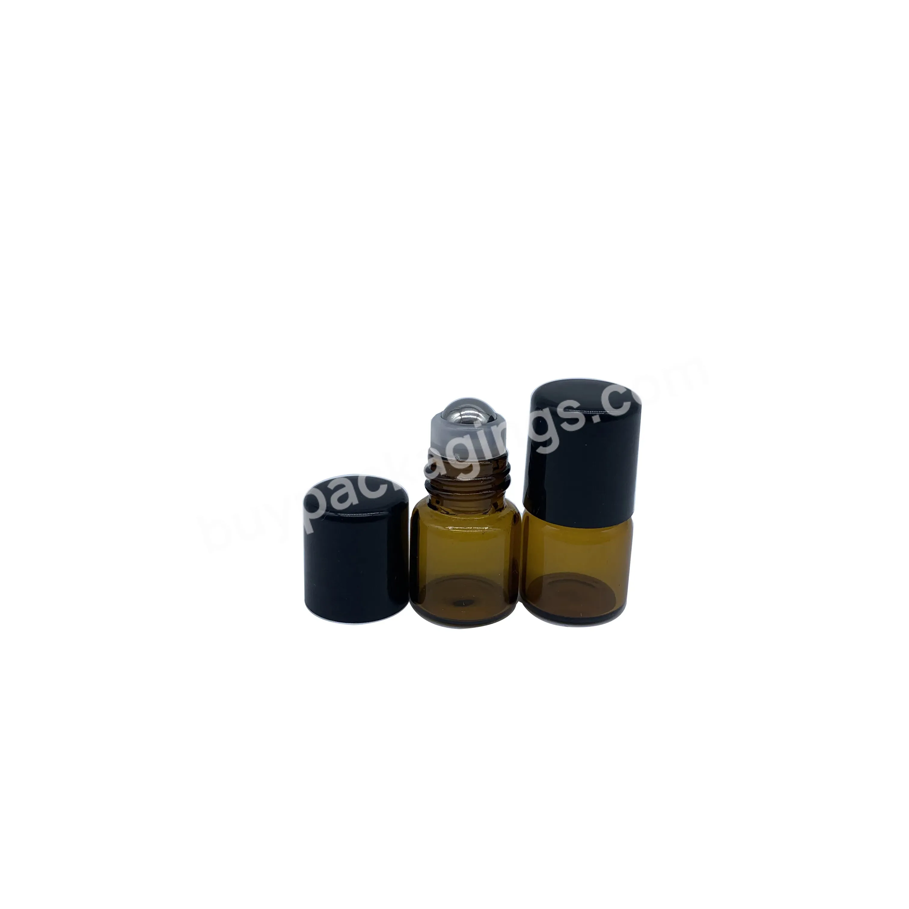 1ml Mini Cute Amber Glass Sample Vials With Metal Roller And Black Pp Lid For Essential Oil Packaging