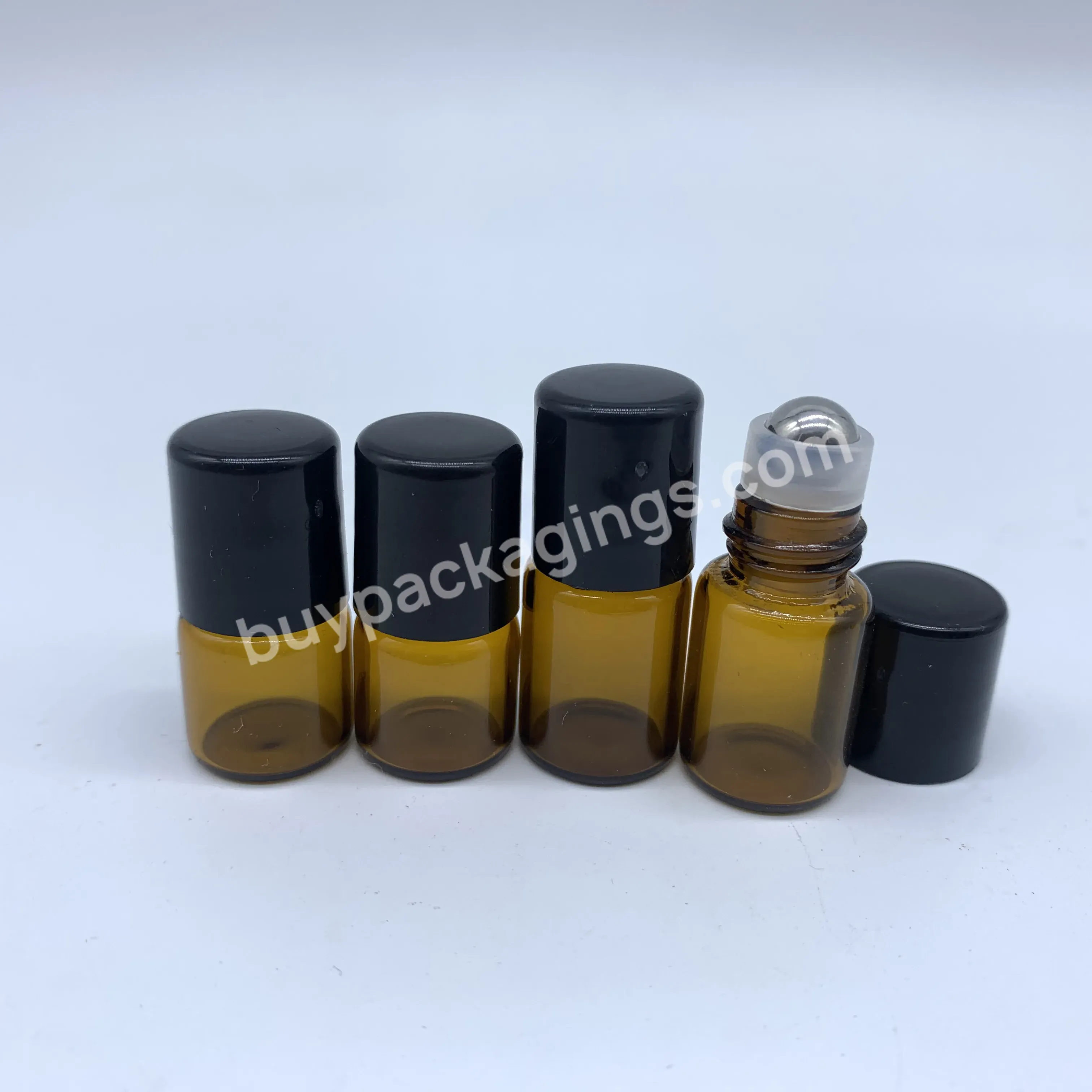 1ml Mini Cute Amber Glass Sample Vials With Metal Roller And Black Pp Lid For Essential Oil Packaging