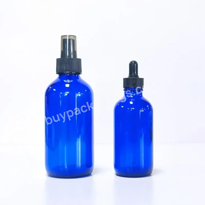 1oz 2oz 4oz 8oz 500ml Blue Boston Round Glass Bottle Refillable Essential Oil Perfume Spray Bottle With Dropper Cap