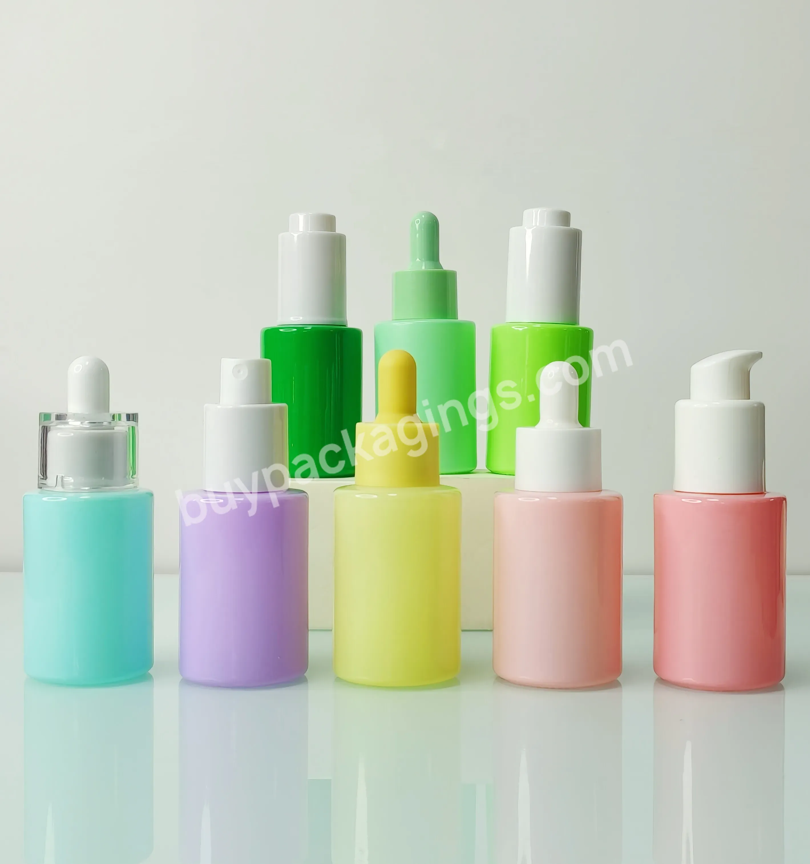 1oz 30ml 2oz Cosmetic Package Essence Oil Macaron Color Glass Hair Oil Serum Flat Shoulder Dropper Bottle With Colorful Cap