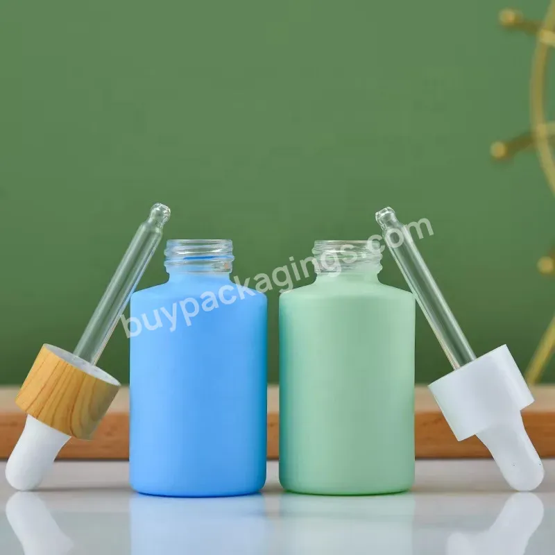 1oz 30ml Custom Matte Blue Green Round Glass Cosmetic Serum Container Bottle With Bamboo Dropper Cap