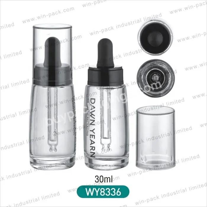 1oz 30ml Transparent Glass Serum Bottle With Plastic Black Dropper With Lid For Skincare