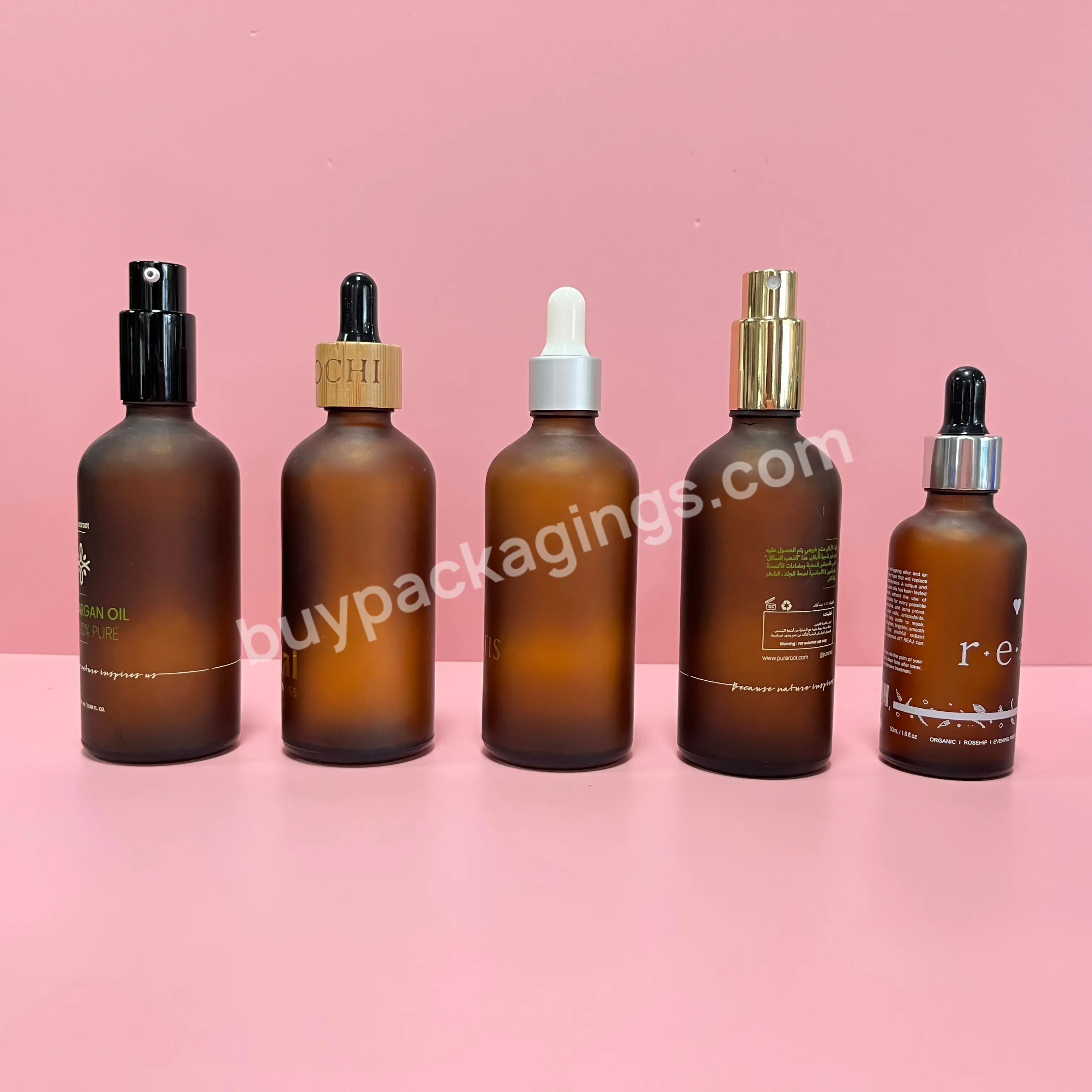 1oz Empty Cosmetic Bottle Bamboo Dropper Frosted Brown Glass Bottle 30ml Frosted Brown Essential Oil Bottle With Wooden Dropper