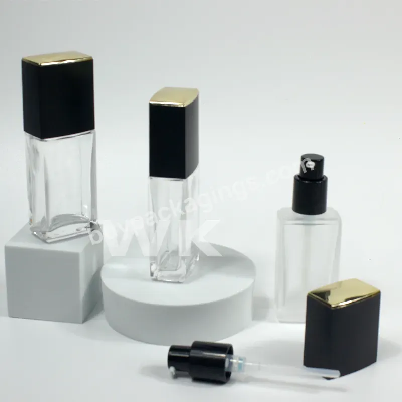 1oz Luxury Clear Square Cosmetic Liquid Foundation Glass Bottle Black Cap Skin Care Empty Square Lotion Bottle