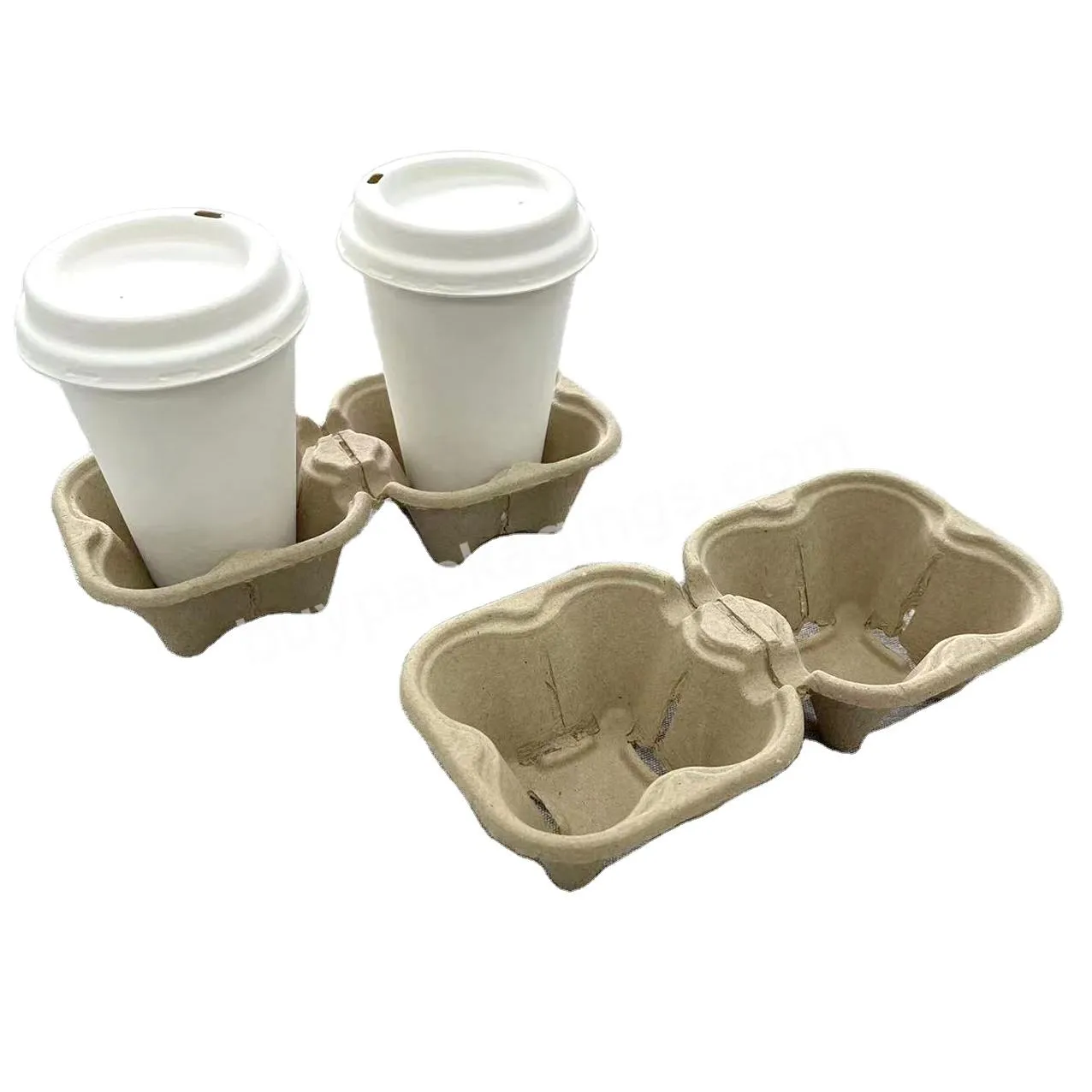 2 Cup Container Compostable Paper Pulp Fiber Drink Carrier Coffee Cup Tray Takeout Pulp Paper Holder Tray