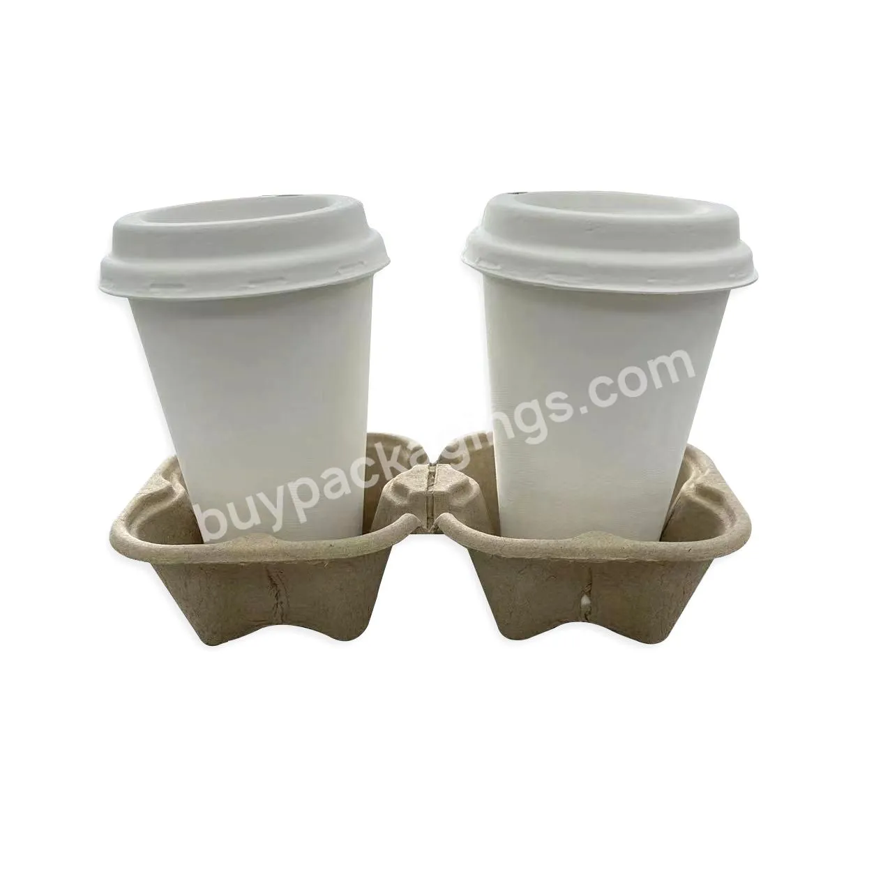 2 Cup Container Compostable Paper Pulp Fiber Drink Carrier Coffee Cup Tray Takeout Pulp Paper Holder Tray