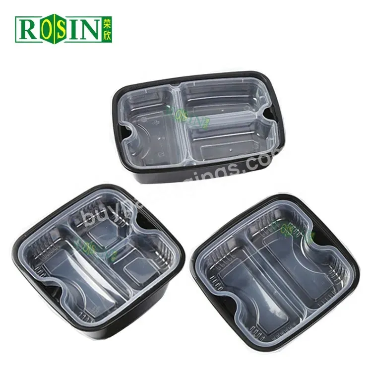 2 Layer Bento Lunch Box Black Square Disposable Plastic Lunch Box Takeaway Multi Compartment Food Container With Insert Tray