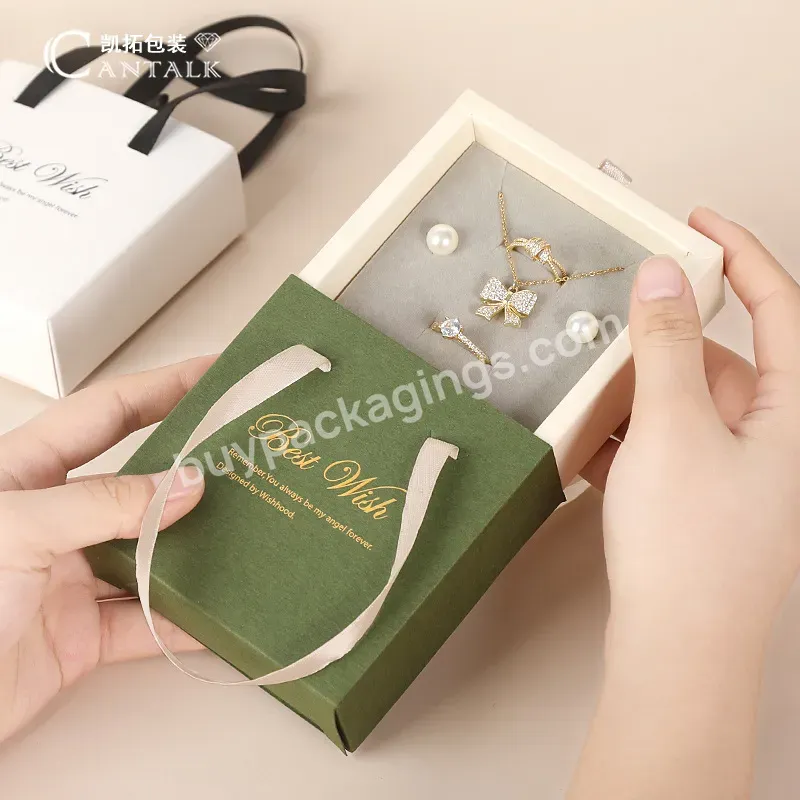 2022 Custom Luxury Hot Stamping White Printed Drawer Sliding Satin Jewelry Packaging Gift Box With Handle