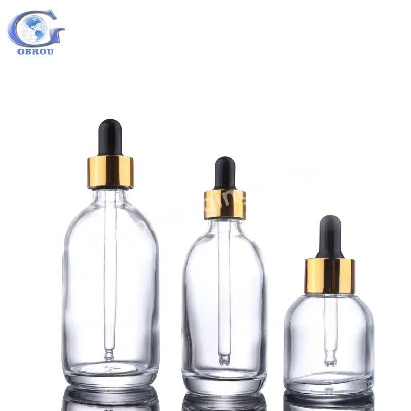 2023 Ck Customize Logo Cylinder Transparent Essential Oil Gold Collar Dropper Bottle Clear Cosmetic Serum Oil Bottle With Dropper