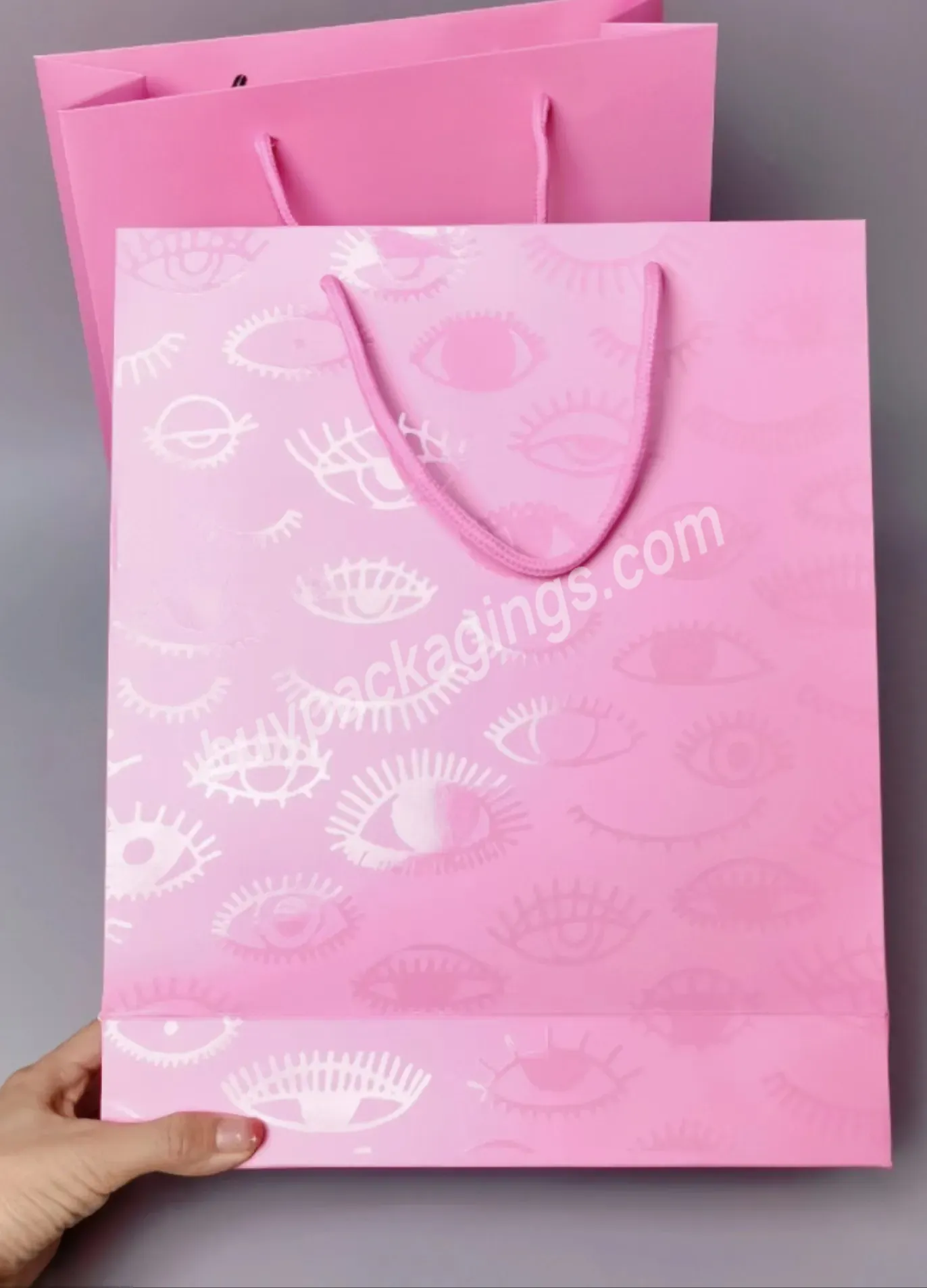 230g Custom Pink Paper Bags With Silver Foil Stamping Uv Spot Printed For Packaging Laser