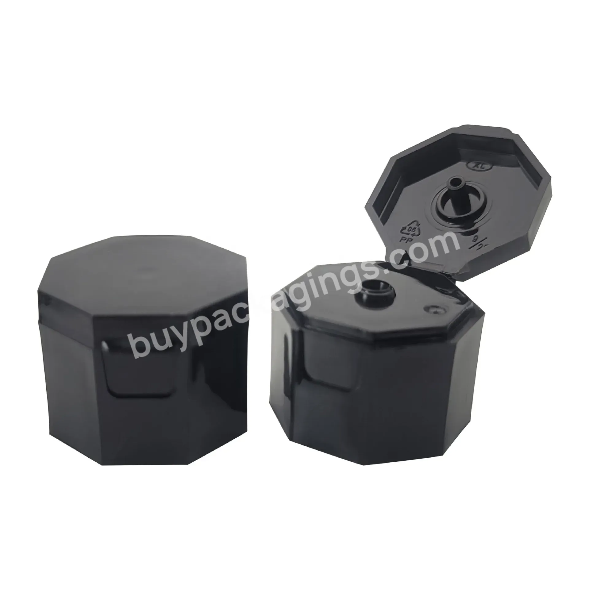 24/410 24mm Shiny Glossy Black Octagonal Flip Top Cap For Diamond Shaped Cosmetic Plastic Bottle