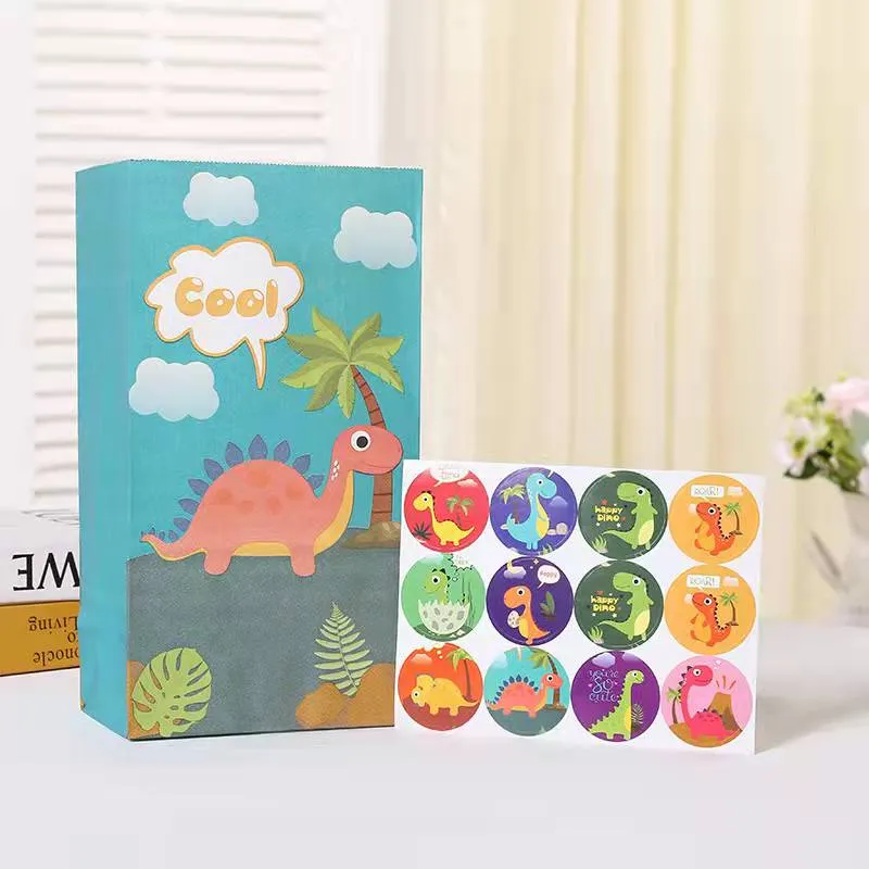 24pc Pack Animal Theme Decorations Gift Favor Kids Birthday Party Candy Dinosaur Paper Bag With Stickers