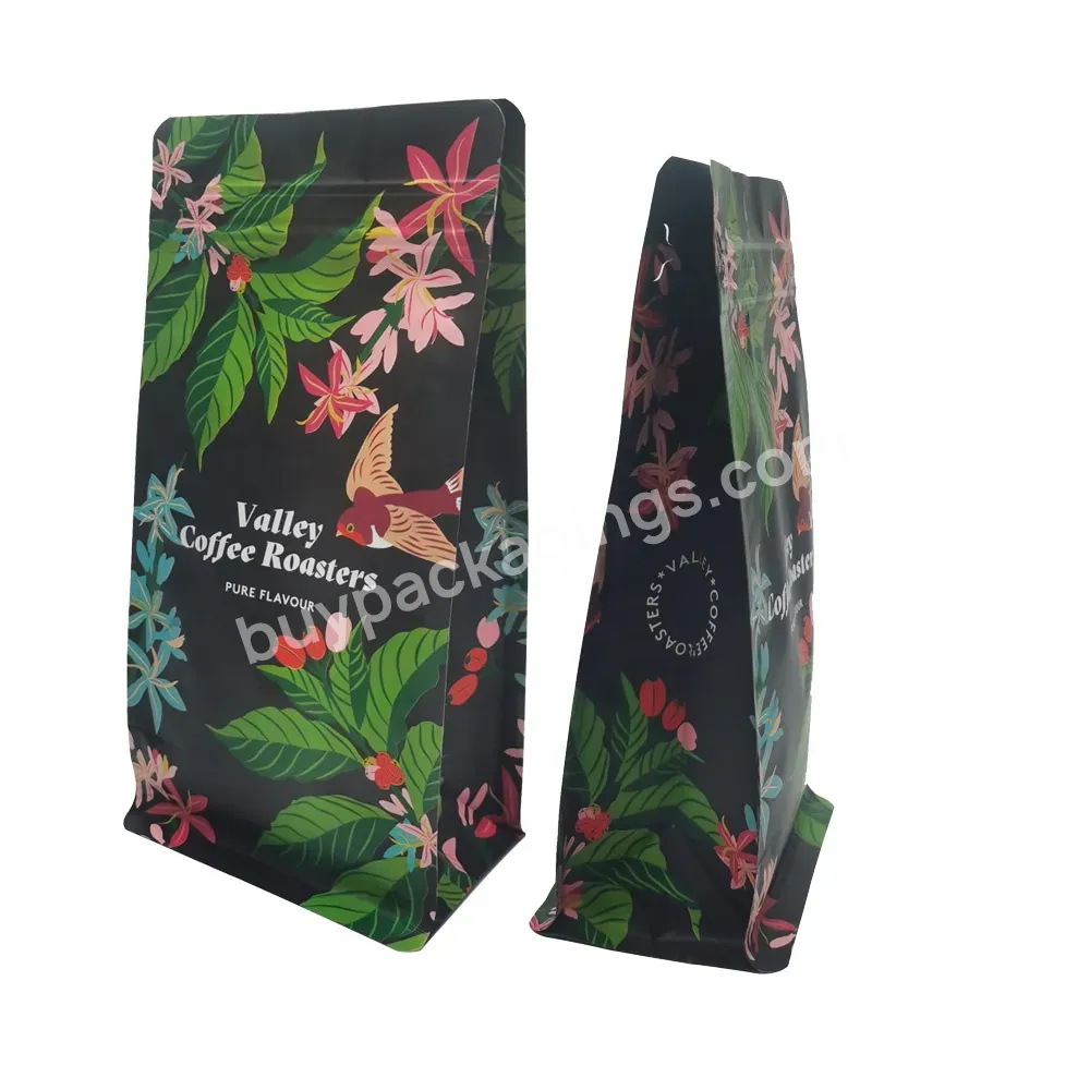 250g 500g High Quality Various Colors Pouch Flat Bottom Eight Side Seal Custom Coffee Bean Packaging Bag With Valve And Zipper