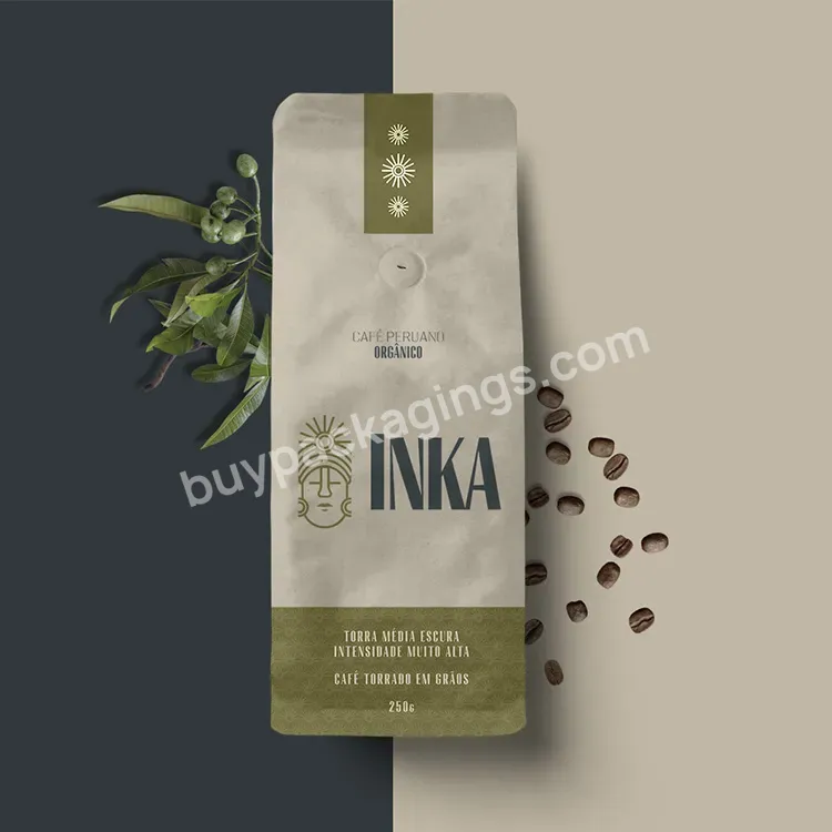 250g Flat Square Box Bottom Aluminum Foil Valve Eco Food Grade Customized Kraft Paper Coffee Bags Standing Pouch