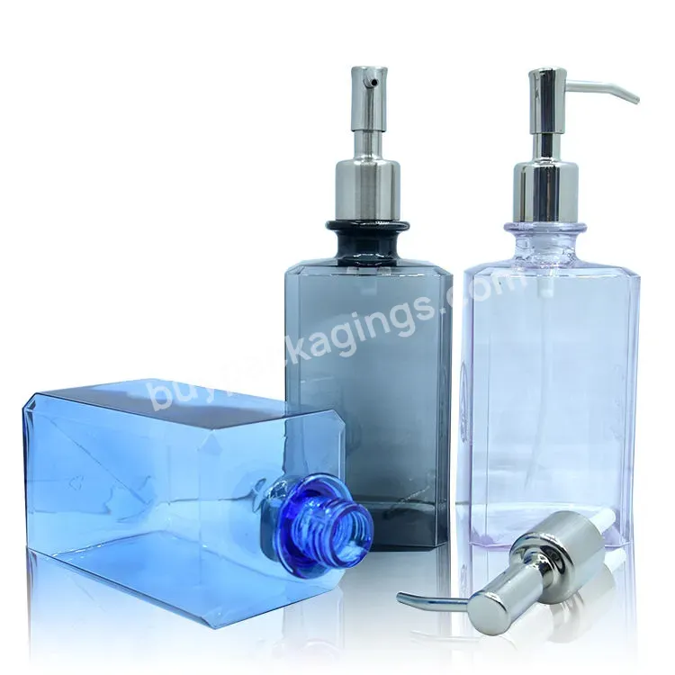 300ml Transparent Blue Petg Plastic Bottle Square Hand Sanitizer Packaging Bottle High-end Shampoo Lotion Bottle