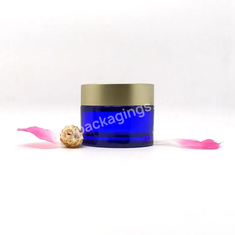 30g 50g 100g Blue Glass Frosting Cream Jar Golden Lid Cosmetic Packaging Container For Skin Care Eye Cream