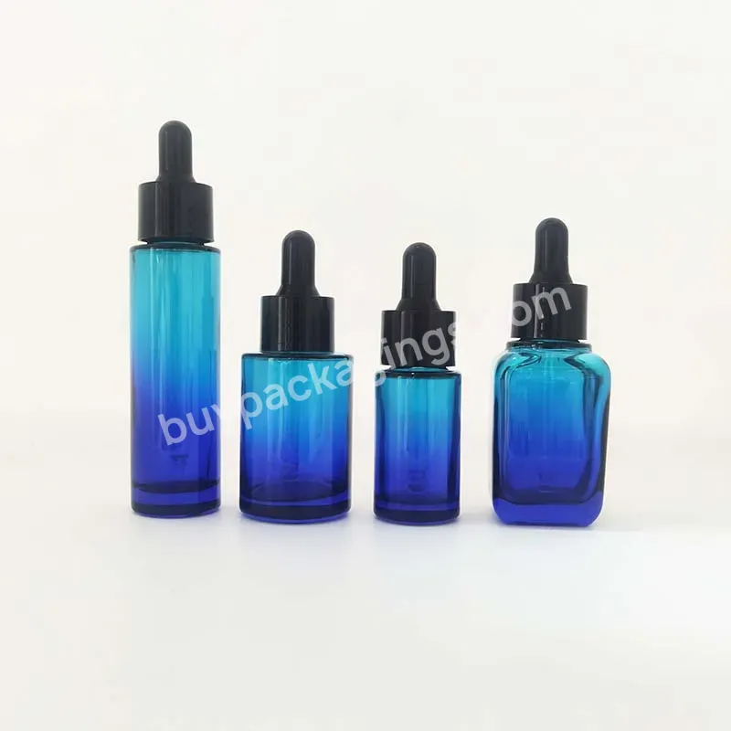 30ml 1oz 50ml 100ml Gradient Blue Flat Shoulder Glass Serum Dropper Bottle Customized For Skin Care Packaging Hair Oil