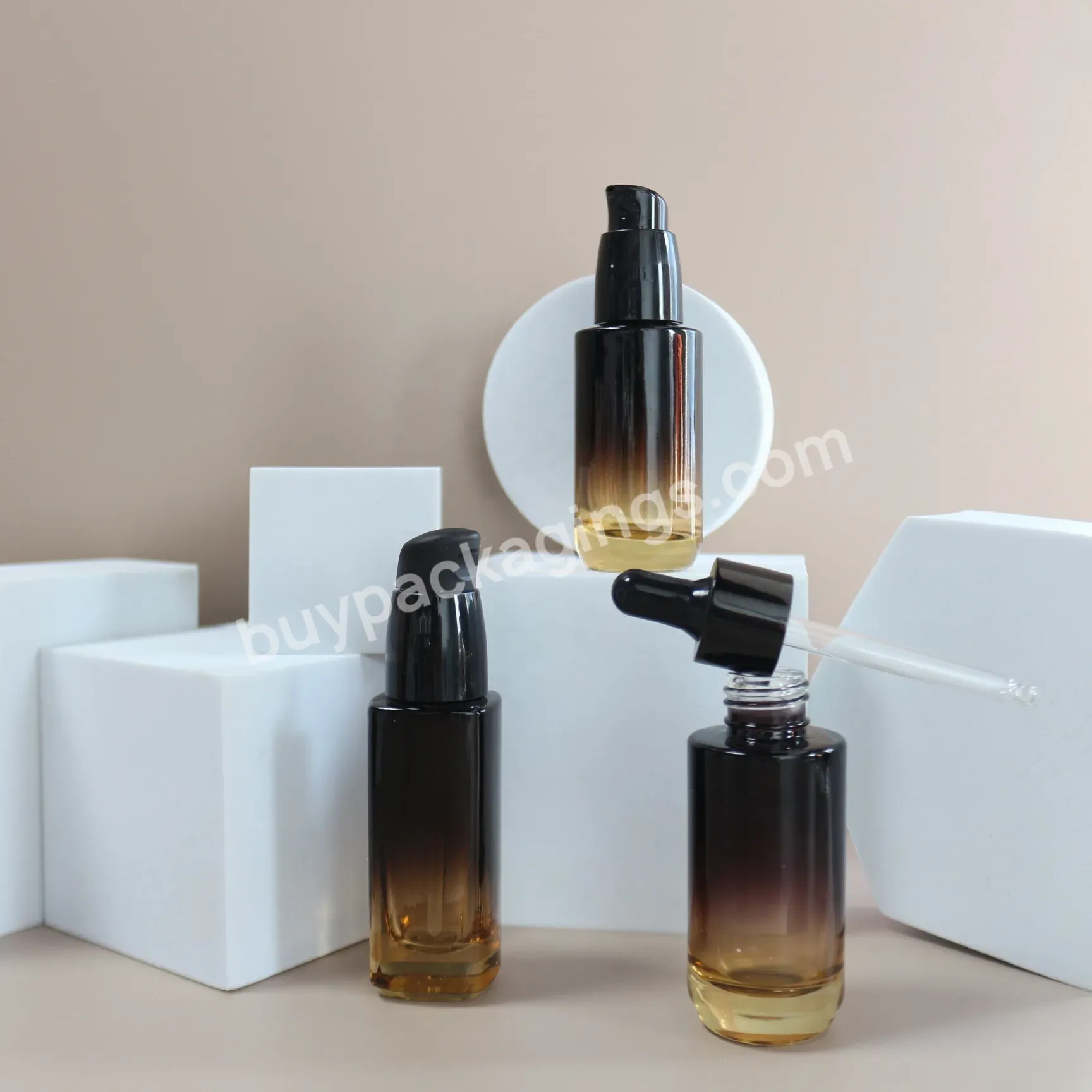 30ml 1oz Gradient Cosmetic Packaging Black Pink Frosted Glass Serum Essential Oil Push Dropper Bottle Left Right Pump