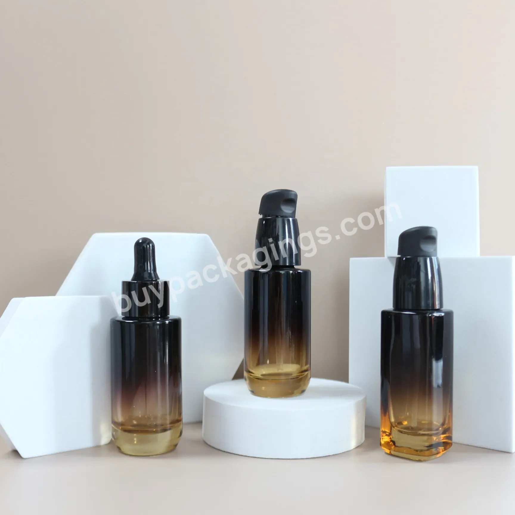 30ml 1oz Gradient Cosmetic Packaging Black Pink Frosted Glass Serum Essential Oil Push Dropper Bottle Left Right Pump