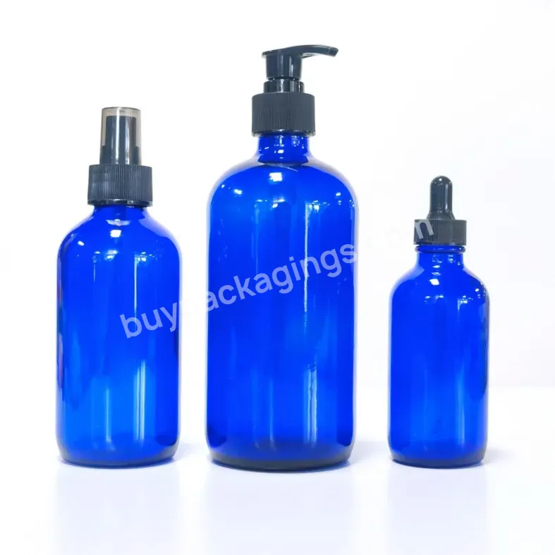 30ml 2oz 4oz 8oz 500ml Blue Round Empty Boston Glass Cosmetic Bottle With Mist Spray Dropper Screw Cap