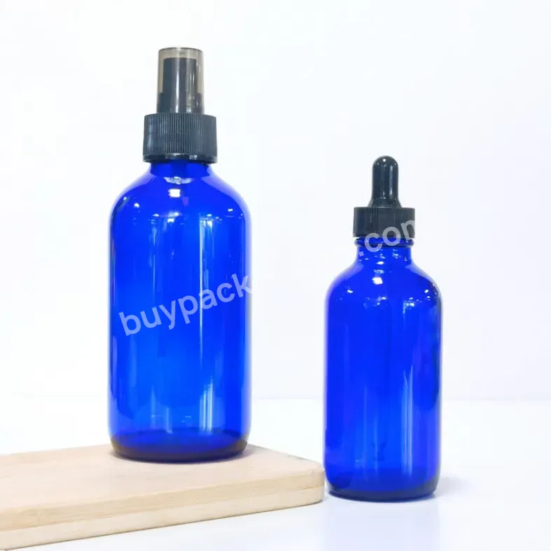 30ml 2oz 4oz 8oz 500ml Blue Round Empty Boston Glass Cosmetic Bottle With Mist Spray Dropper Screw Cap