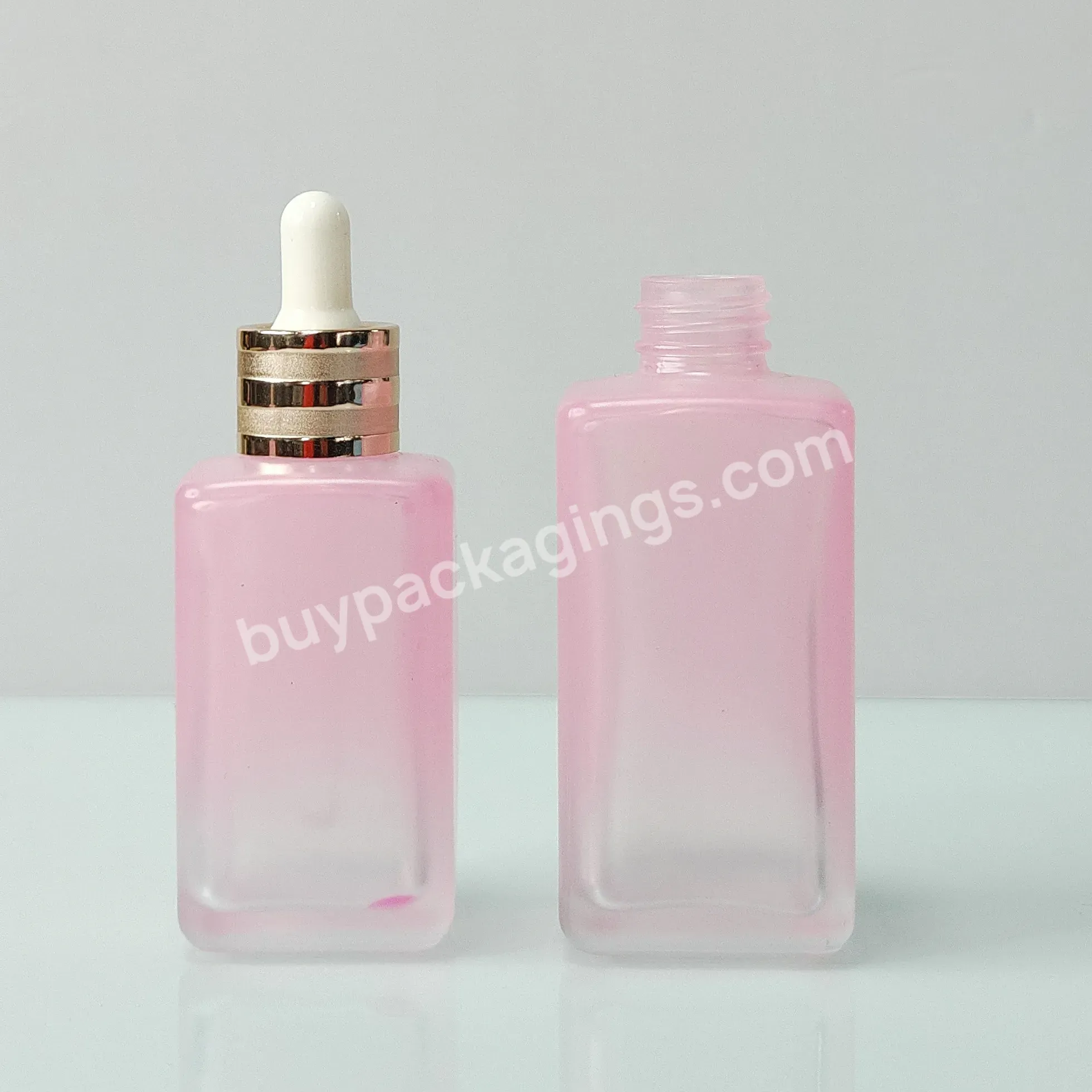 30ml 50ml 100ml Luxury Fancy Essential Oil Flat Square Matte Pink Glass Dropper Bottles With Gold Ring Cap