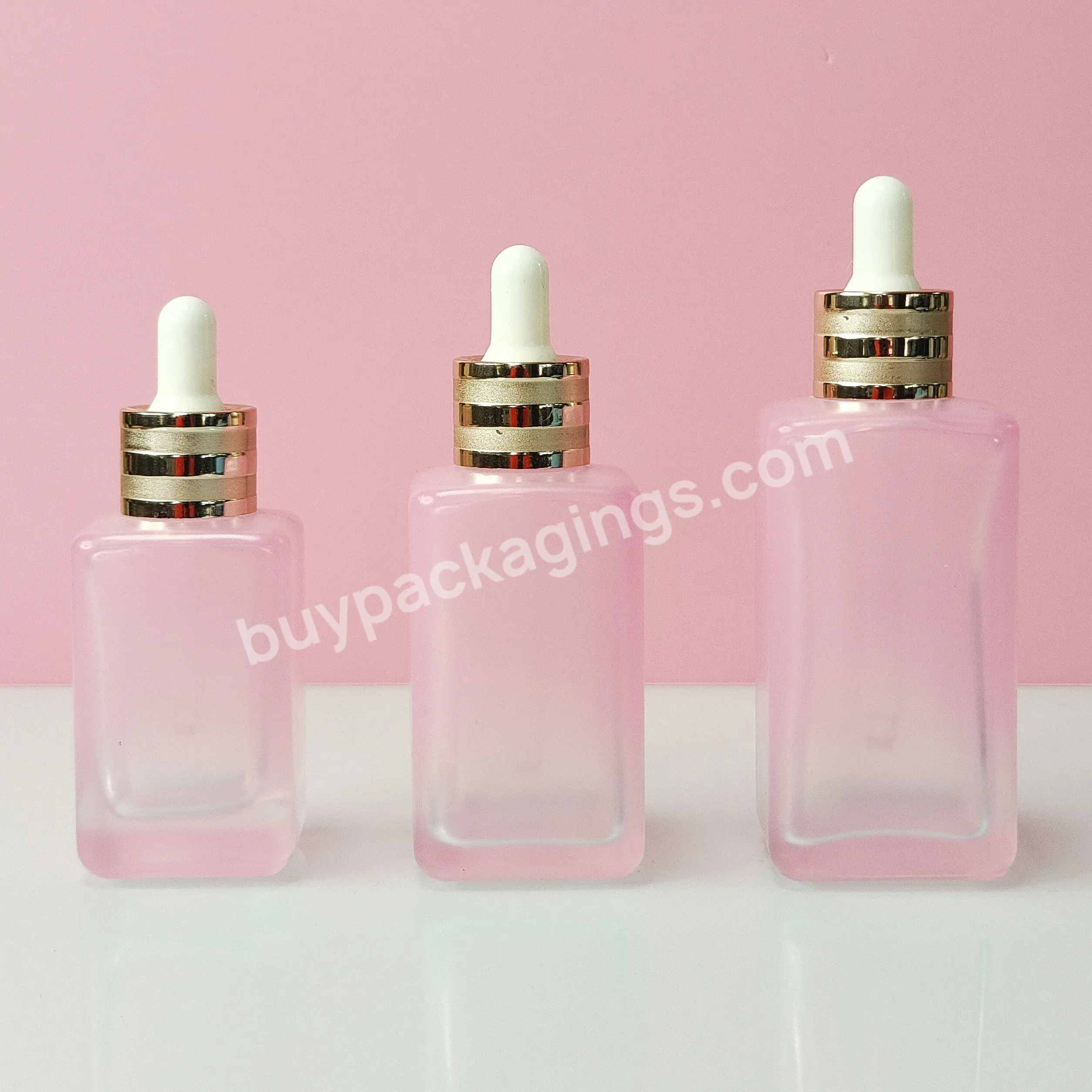 30ml 50ml 100ml Luxury Fancy Essential Oil Flat Square Matte Pink Glass Dropper Bottles With Gold Ring Cap