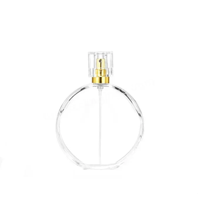 30ml 50ml 100ml Stock Wholesale Perfume Bottle Glass Crimp Neck Flat Round Spray Transparent Empty Bottle With Gold Spray