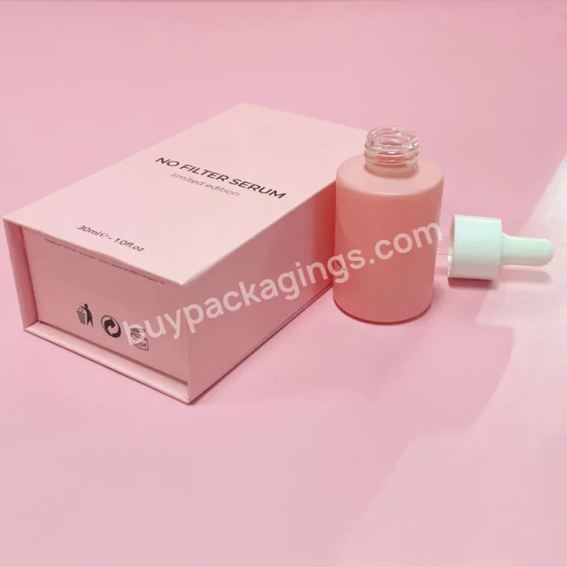 30ml 50ml 20ml Flat Round Pink Customized Serum Essential Oil Bottle Cosmetic Glass Dropper Bottle With Box Packaging