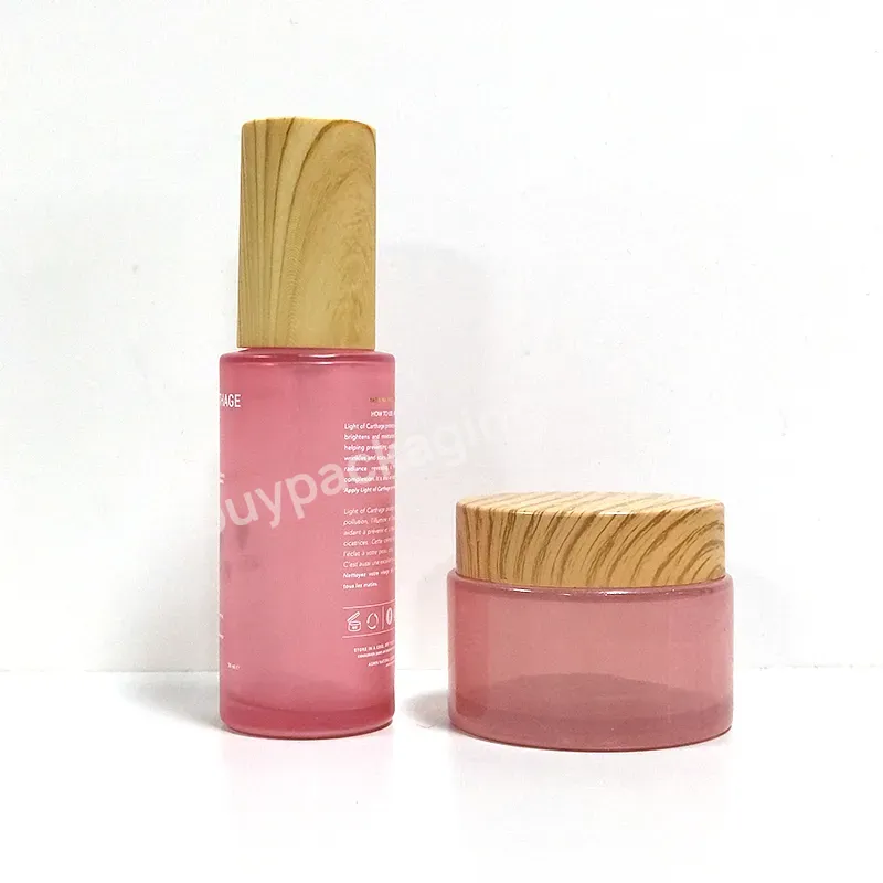 30ml 50ml 60ml Transparent Pink Empty Essential Oil Serum Glass Bottle With Bamboo Water Transfer Plastic Pump Caps