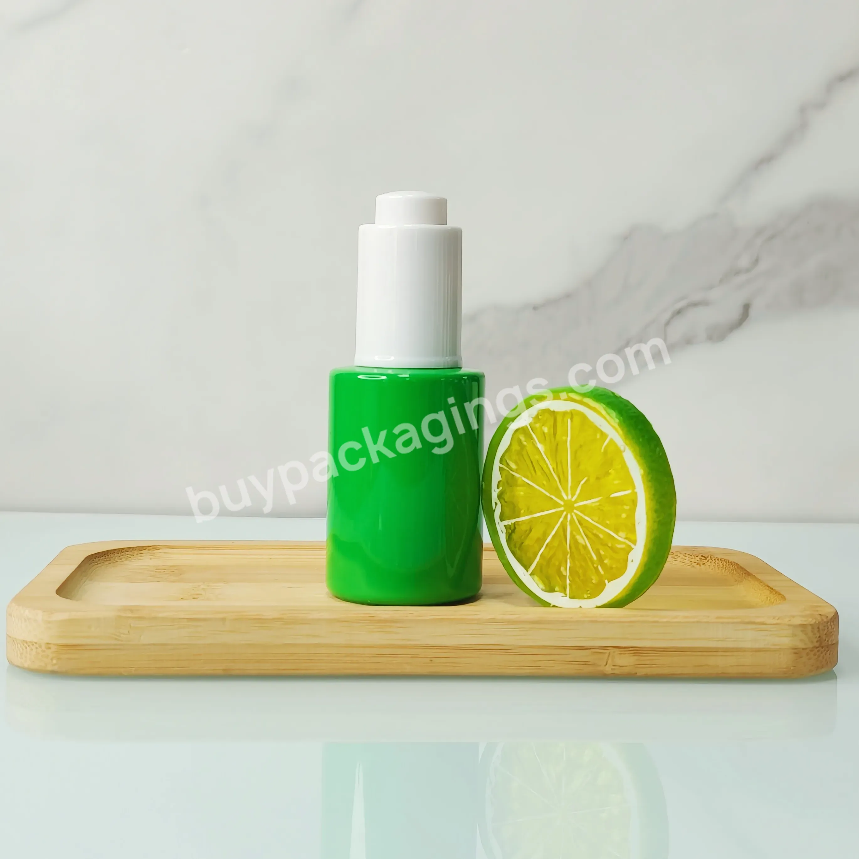 30ml 50ml Cosmetic Packaging Skin Care Essential Oil Green Glass Flat Shoulder Serum Dropper Bottle