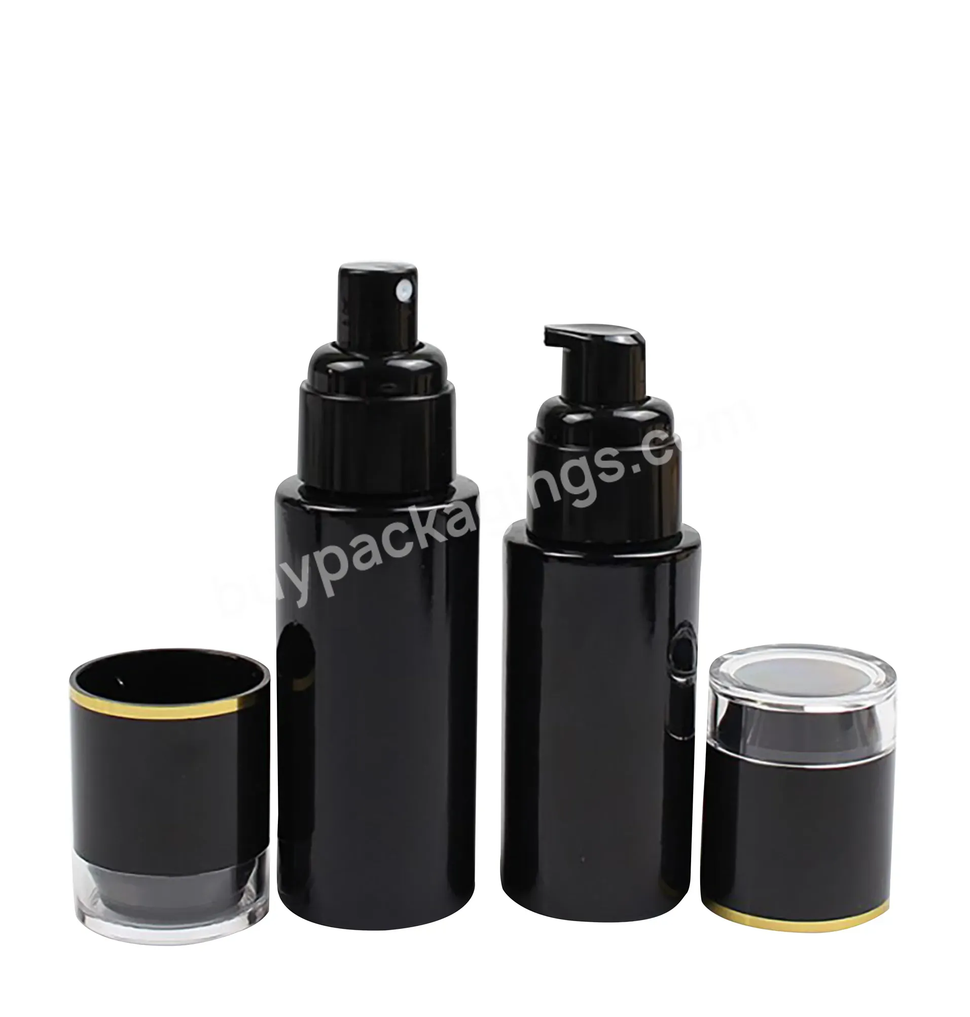 30ml 60ml 100ml 120ml Stock Wholesale Flat Shoulder Shiny Black Glass Lotion Bottle Bright Black Glass Pump Top Spray Bottle