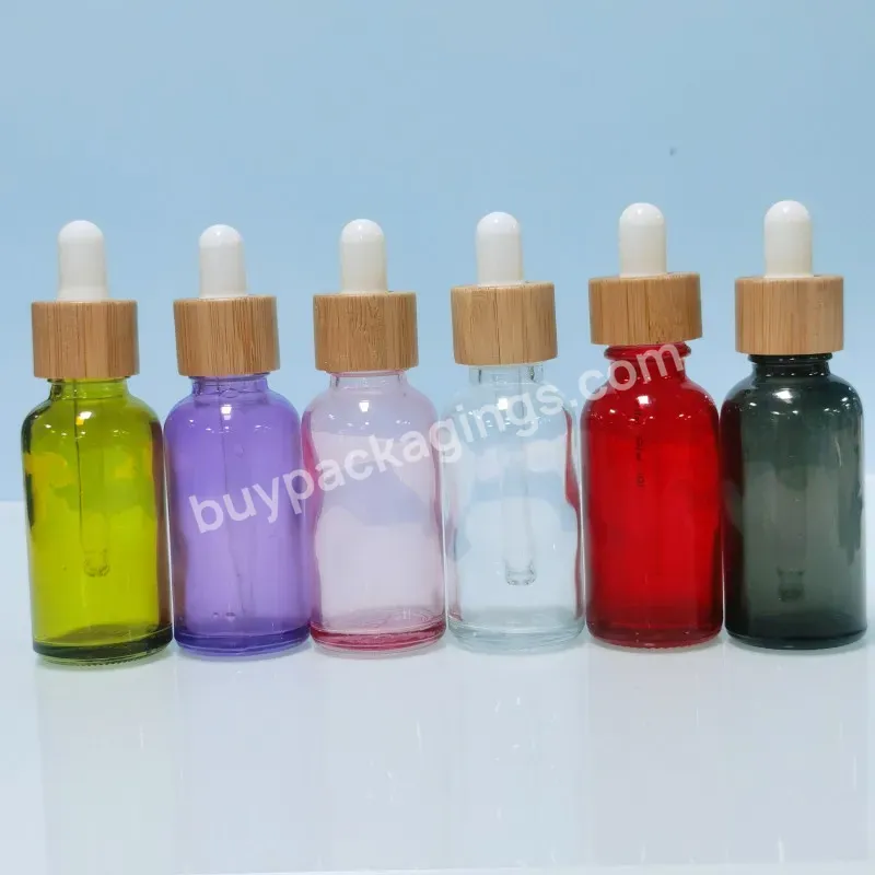 30ml Colorful Transparent Glass Dropper Bottle Cosmetic Bottles Bamboo Lids 1oz Essential Oil Dropper Bottles With Bamboo Cap