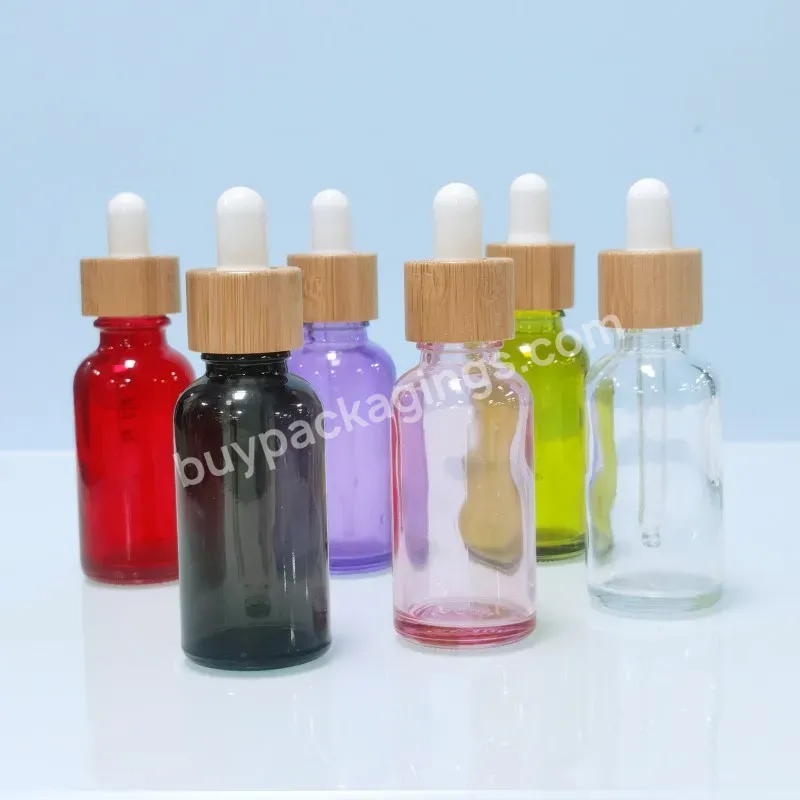 30ml Colorful Transparent Glass Dropper Bottle Cosmetic Bottles Bamboo Lids 1oz Essential Oil Dropper Bottles With Bamboo Cap