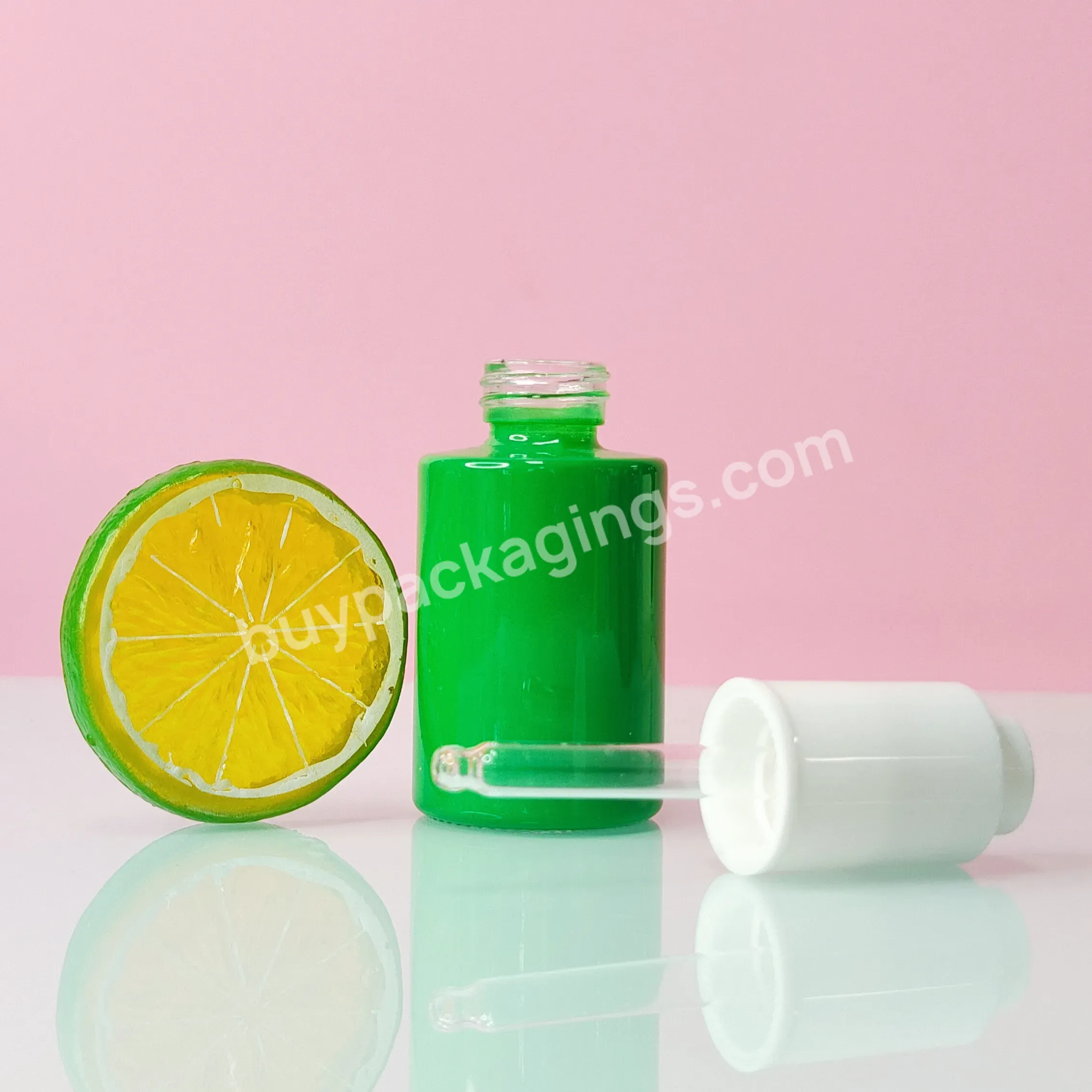 30ml Customize Color Skin Care Packaging Green 1oz Hair Oil Bottle Flat Shoulder Glass Serum Dropper Bottle