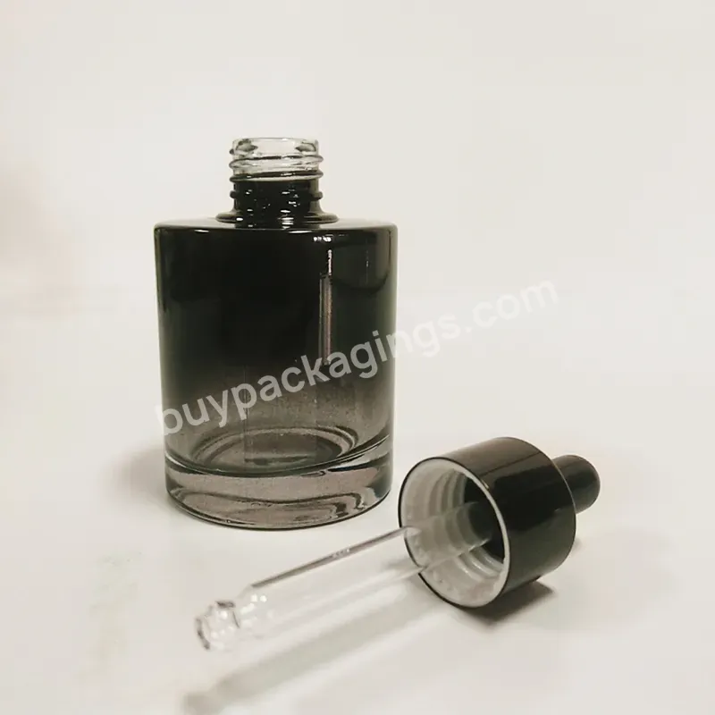 30ml Flat Shoulder Round Shape Luxury Gradient Black Skincare Serum Essential Oil Glass Thick Bottom Dropper Bottle