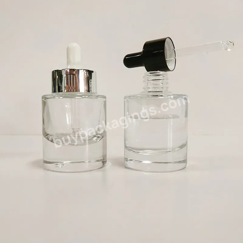 30ml Flat Shoulder Round Shape Luxury Skincare Serum Essential Oil Clear Forested Glass Thick Bottom Dropper Bottle