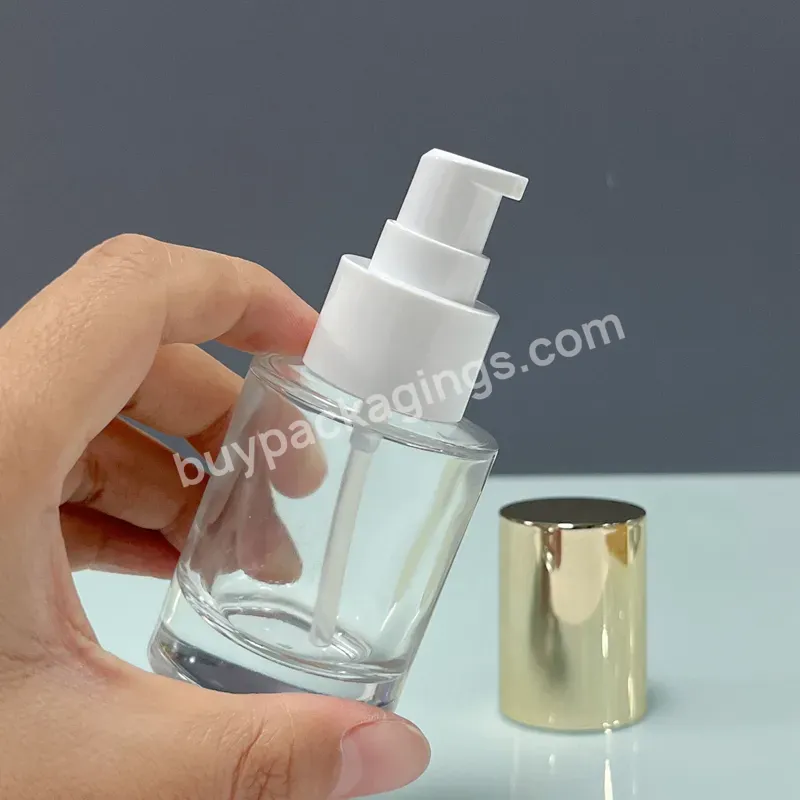 30ml Luxury Clear Round Cosmetic Glass Liquid Foundation Foundation Primer Pump Bottle With Golden Lotion Pump