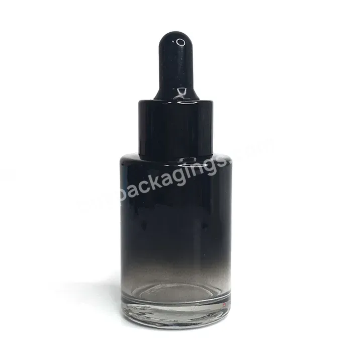 30ml Luxury Custom Logo Ombre Transparent Black Round Flat Shoulder Cosmetic Packaging Skin Oil Serum Bottles With Dropper