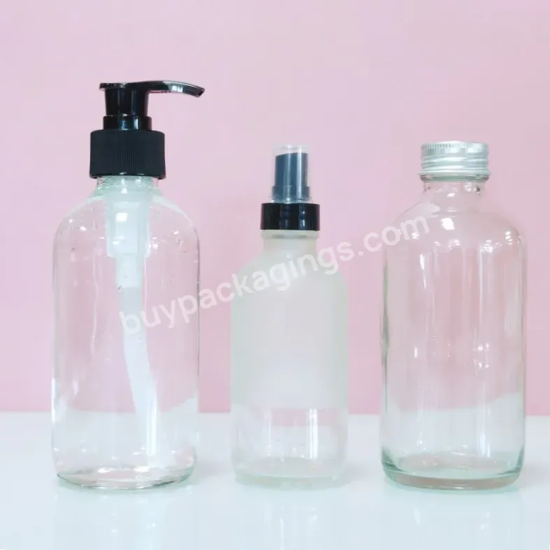 3oz 8oz 16oz Clear Frosted Boston Round Glass Pump Spray Bottle With Fine Mist Sprayer