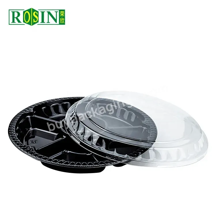 5 Compartment Black Round Disposable Plastic Fruit Snack Food Tray With Lid