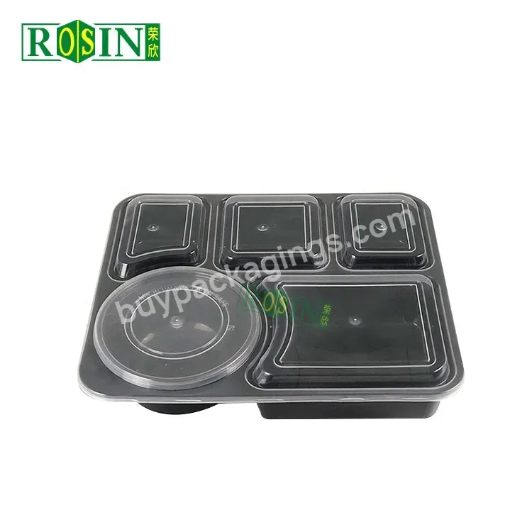 5 Compartments Black Microwave Safe Disposable Takeaway Bento Lunch Box Plastic Food Meal Prep Container With Lid