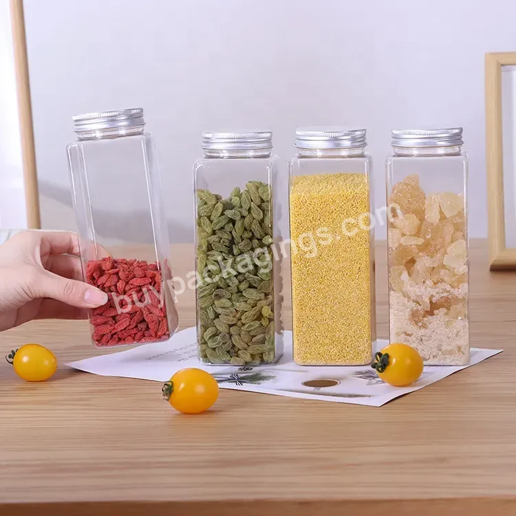 500ml Square Pet Clear Jars For Storing Nuts Butter And Dried Fruits Pet Can Jar With Aluminum Lid